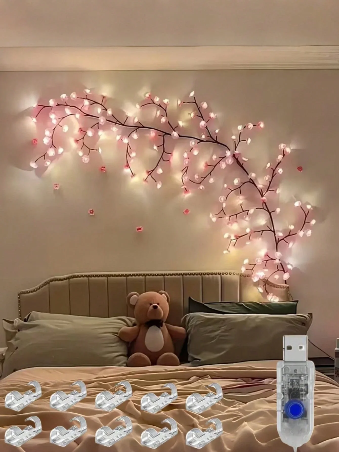مصباح حائط LED على شكل غصن زهر الكرز، 8 أوضاع إضاءة